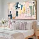 Pink Abstract Painting Large Wall Art Living Room Decor Blue Canvas Print Line Artwork Home Office Decoration 29x58 Inch