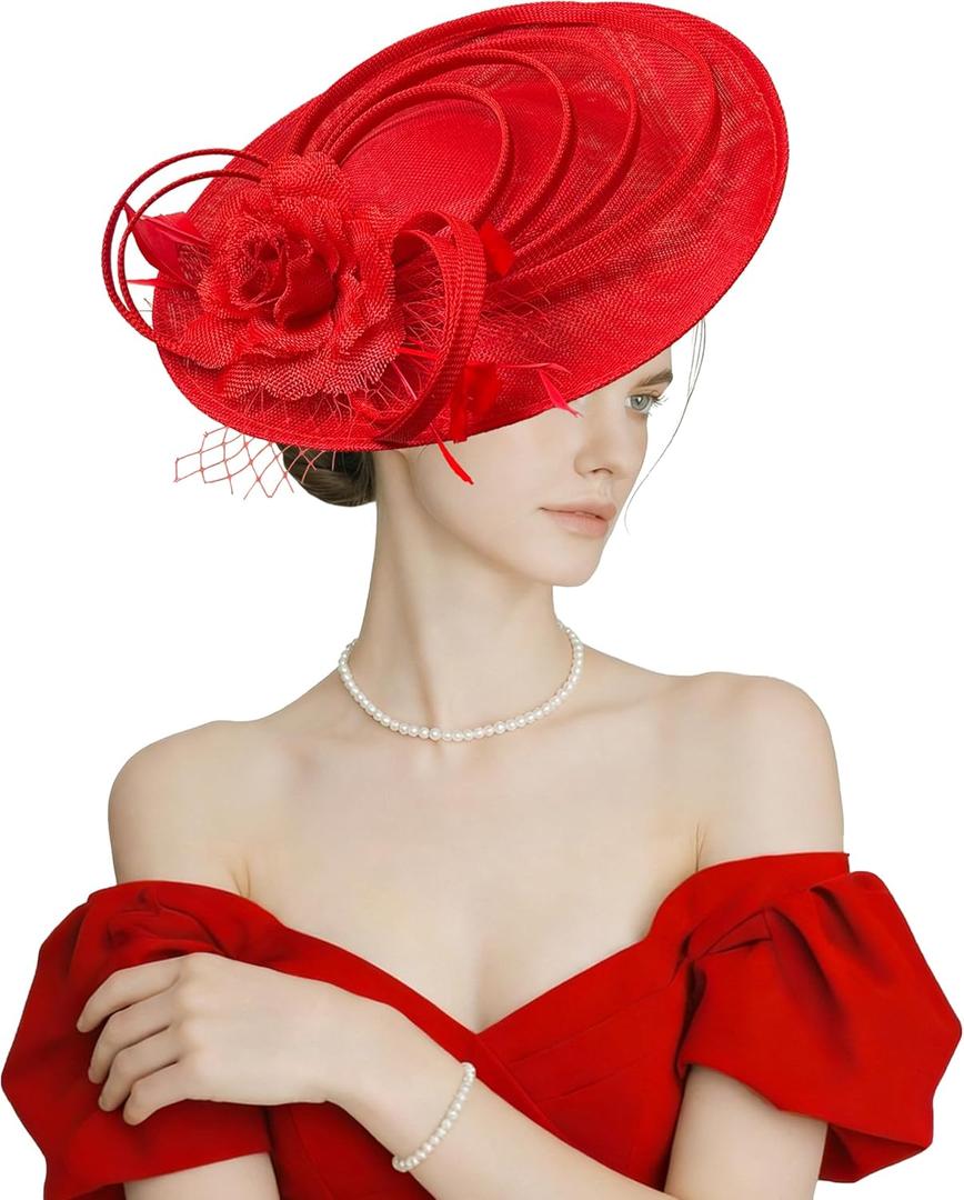Kidukso Women's Fascinators Hat for Derby Hat Vintage 1920s Hat Headwear for Wedding Cocktail Tea Party Church (Red)