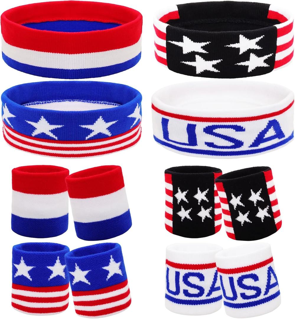 4 Sets American Flag Sports Headband and Wristband Striped Sweatband Headband and Wristband Set 4th of July Sports Sweatbands for Running, Basketball, Exercise