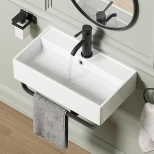 Wall Mount Rectangular Vessel Sink with Towel Rack, QISHKA 21.5"x12.5" Modern Ceramic Bathroom Floating Sink, White Rectangle Vanity Sink with Overflow, Wall Hung Wash Hand Basin