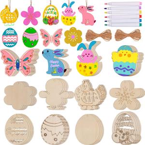 Max Fun 60PCS Wood Cutouts for Crafts Unfinished Ornaments DIY with Bunny to Paint for Kids Party Decorations Decor with Hanging Egg Shapes & Drawing Pen & Hang Cords