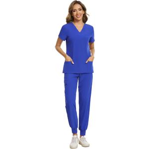 COZYFIT Scrubs for Women Set - Stretch V-Neck Scrub Top & Jogger Pant with 8 Pockets (Medium, Blueberry)