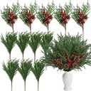 Nagobi 12 Pcs Christmas Pine Branches with Red Berry Pine Cones, 18 Inch Real Touch Artificial Pine Branches, Realistic Christmas Greenery Stems for Vases Garland Wreath Floral Arrangements