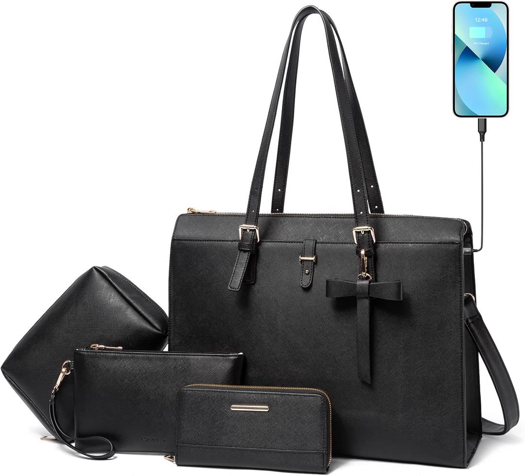 Keyli 4pc Sets Laptop Bag for Women Large Leather Laptop Briefcase with USB Charging Port Computer Shoulder tote Bags Purse (Black)