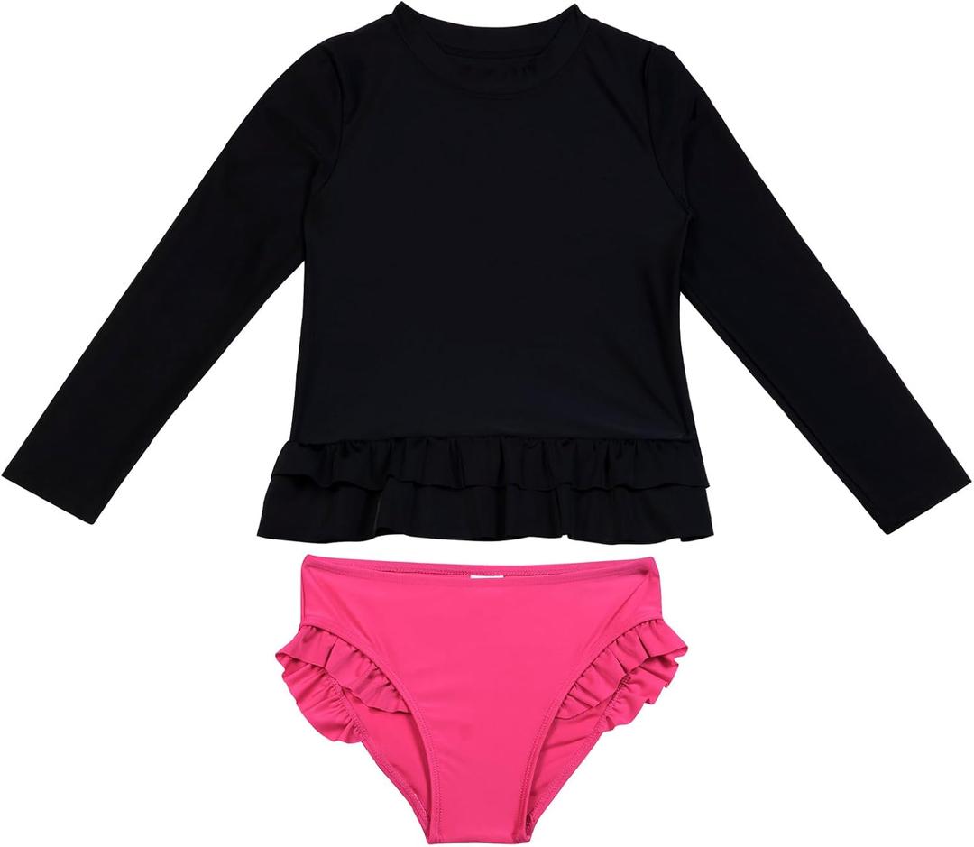 HODOSPORTS Girls Rash Guard Shirts Swimsuit UPF 50+ Quick Dry Two Piece Long Sleeve Bathing Suits (5-6 Years, Black/Hot Pink)