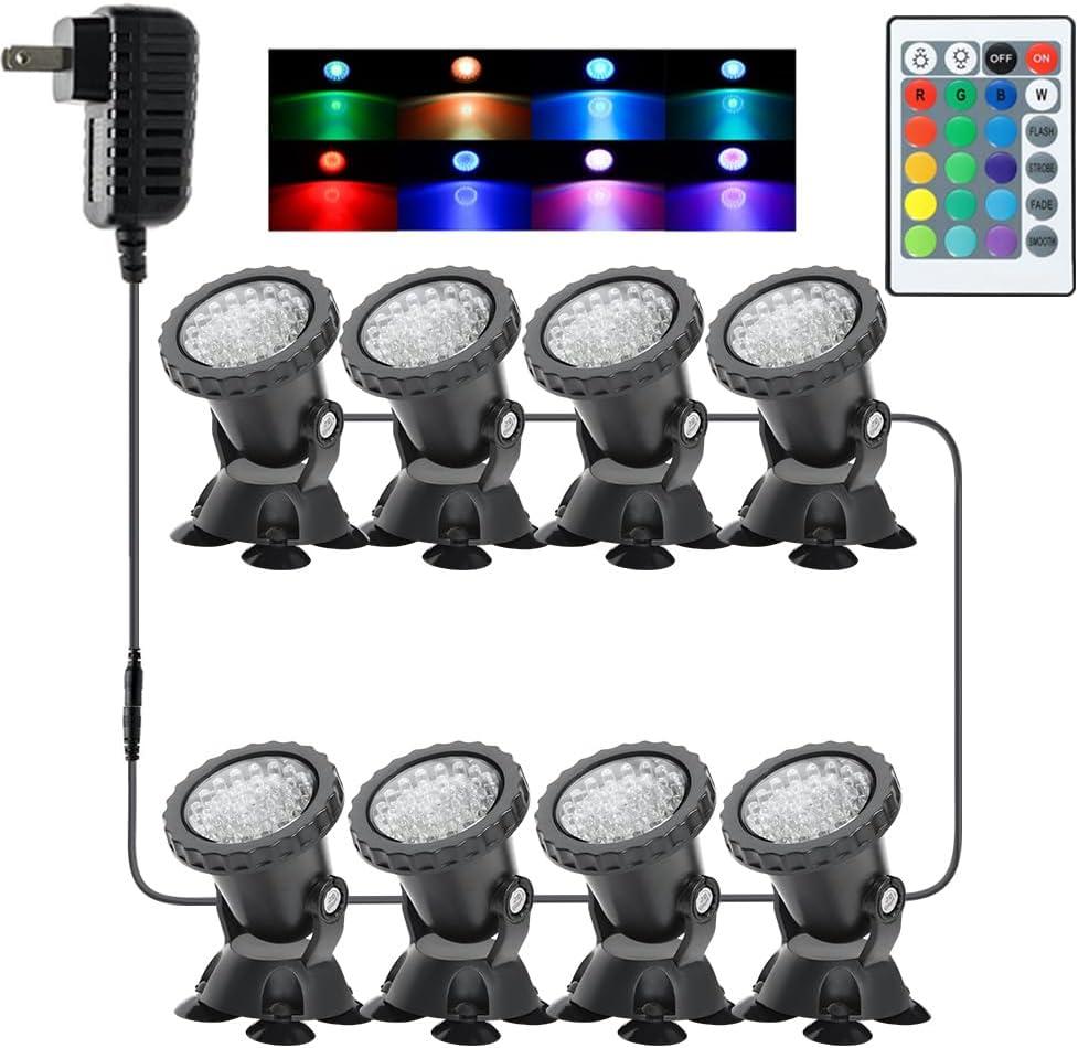 Color Changing Spotlight Underwater Pond Lights, Colored LED Fountain Lights Outdoor Landscape Spot Light RGB IP68 Waterproof Submersible Dimmable for Garden Yard Lawn Halloween (8 Lights)