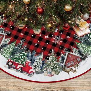 Christmas Tree Skirt 36 Inches, Red Buffalo Plaid with Truck Pencil Tree Skirt, Winter Xmas Tree Mat Decorations for Home Party Holiday Decorations