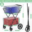 2-Tier Extra Large Collapsible Grocery Cart On Wheels, 400lbs Shopping Cart for Groceries with 2 Removable Baskets, Waterproof Liner, Heavy Duty Foldable Shopping Utility Cart for Seniors
