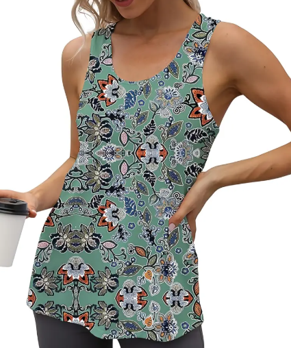 Cakulo Womens Sleeveless Workout Tops Racerback Athletic Summer Tank Tops Gym Yoga Running Shirts Clothes Army Green Flower XL