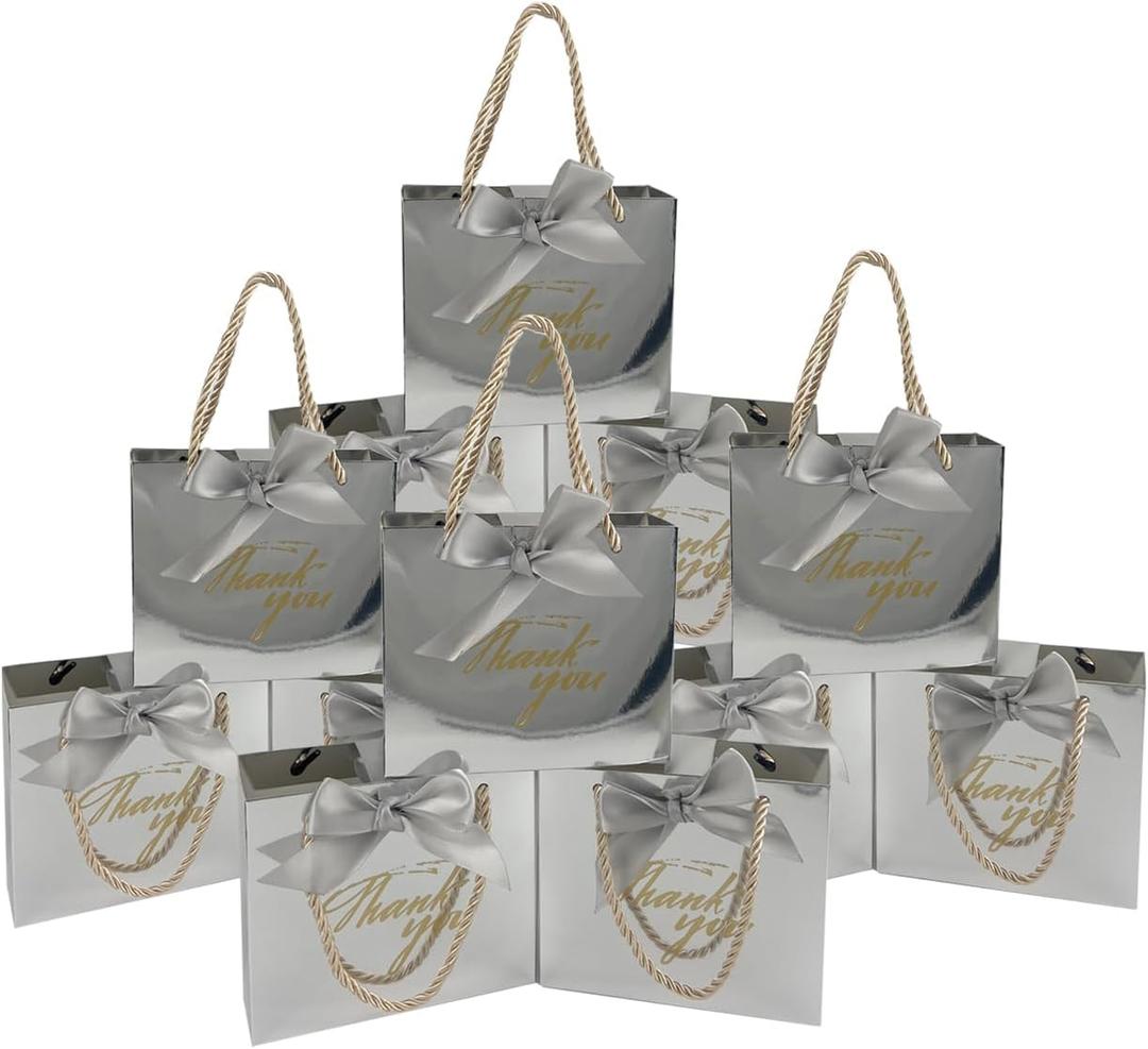 TKSBAG 50 Pack Small Thank You Gift Bags with Handles, 5.5''x 2.5''x4.7'' Mini Silver Gift Bags Bulk for Baby Shower, Birthday, Wedding, Party Favors (50 Count (Pack of 1))
