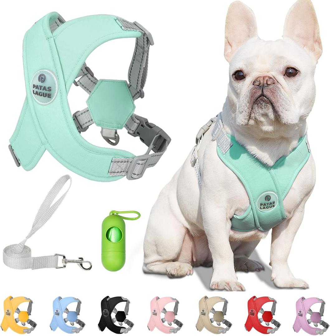 Patas Lague Dog Harness with Leash Set Adjustable Soft Padded Step-in Dog Vest No Choke No Pull Reflective for Medium Pets with Poop Bags and Dispenser, Solid and No-chew, Green L (L (Neck 20.5-25.6'' Chest 24.4-29.1''))