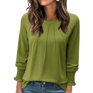 Womens Tunic Tops Long Sleeve, Spring Womens Blouses and Tops Casual Fashion 2025 Crew Neck Ladies Business Attire Dressy Shirts Formal Work Clothes for Office Loose Fit Basic Clothes Green Yellow XL