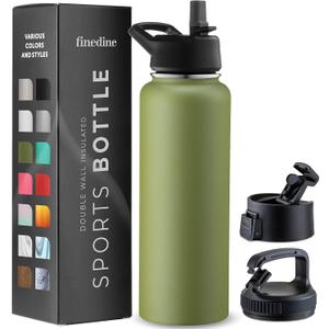 FineDine Water Bottle - Stainless Steel Insulated Water Bottle with Straw Lid, Flip Lid & Wide-Mouth Cap - Keeps Hot and Cold - 40 Oz / 1.18L - Army Green