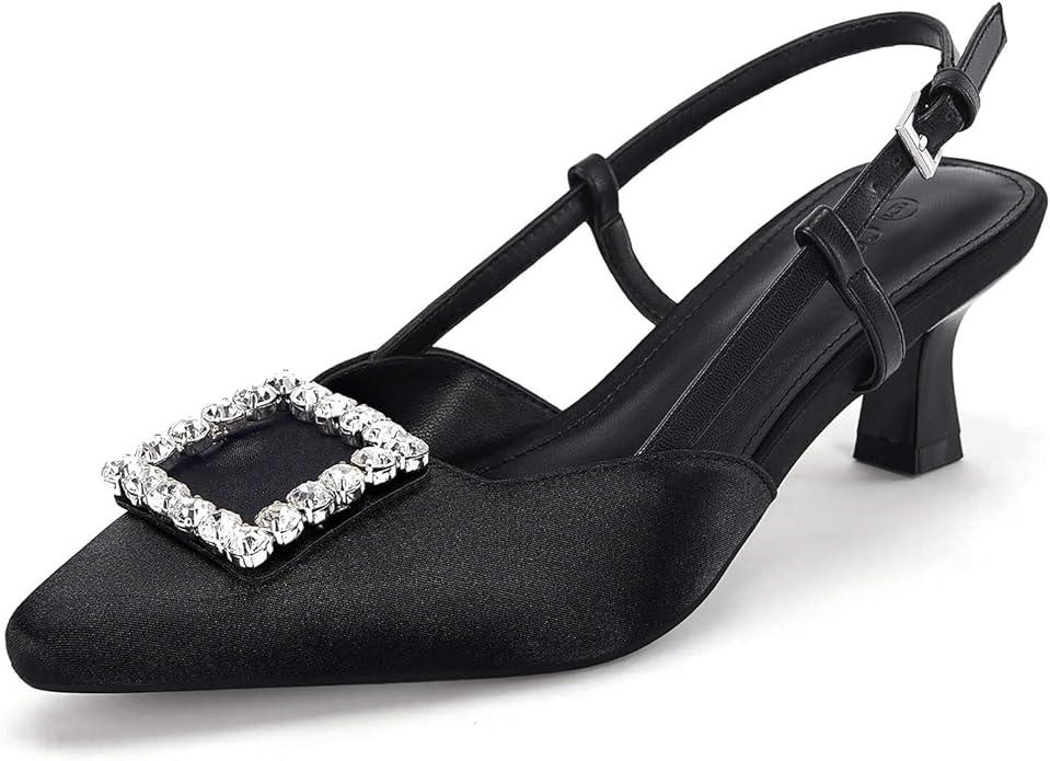 Coutgo Womens Slingback Low Kitten Heels Pumps Closed Pointed Toe Rhinestone Wedding Dress Shoes, 7.5, Black