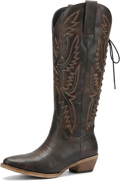 Uillnoodu Cowboy Boots for Women,Mid Calf Cowgirl Boots with Embroidery Pointed Toe Chunky Heel Western Boots 8W