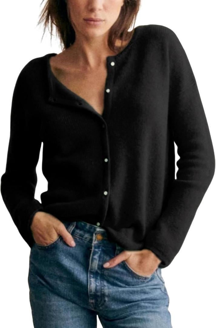 Lviefent Women Knit Cardigans Lightweight Casual Crew Neck Button Down Long Sleeve Sweater Jumper Layer Top (Small, Black)