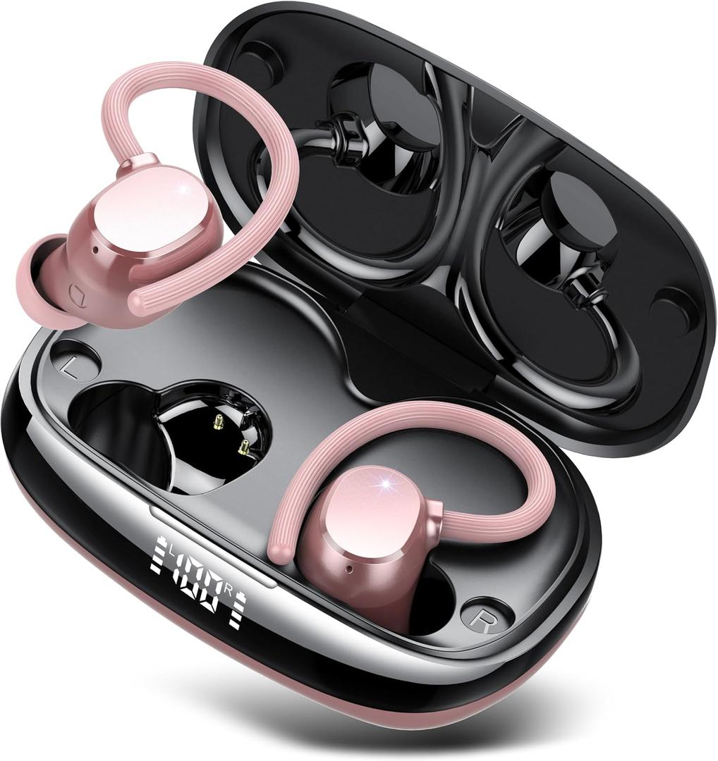 Wireless Earbuds, Bluetooth Headphones 80Hrs Deep Bass Playtime with LED Display, Sport Earphones with ENC Noise Cancelling Mic, IPX7 Waterproof Over-Ear Ear Buds with Earhooks for Workout/Running