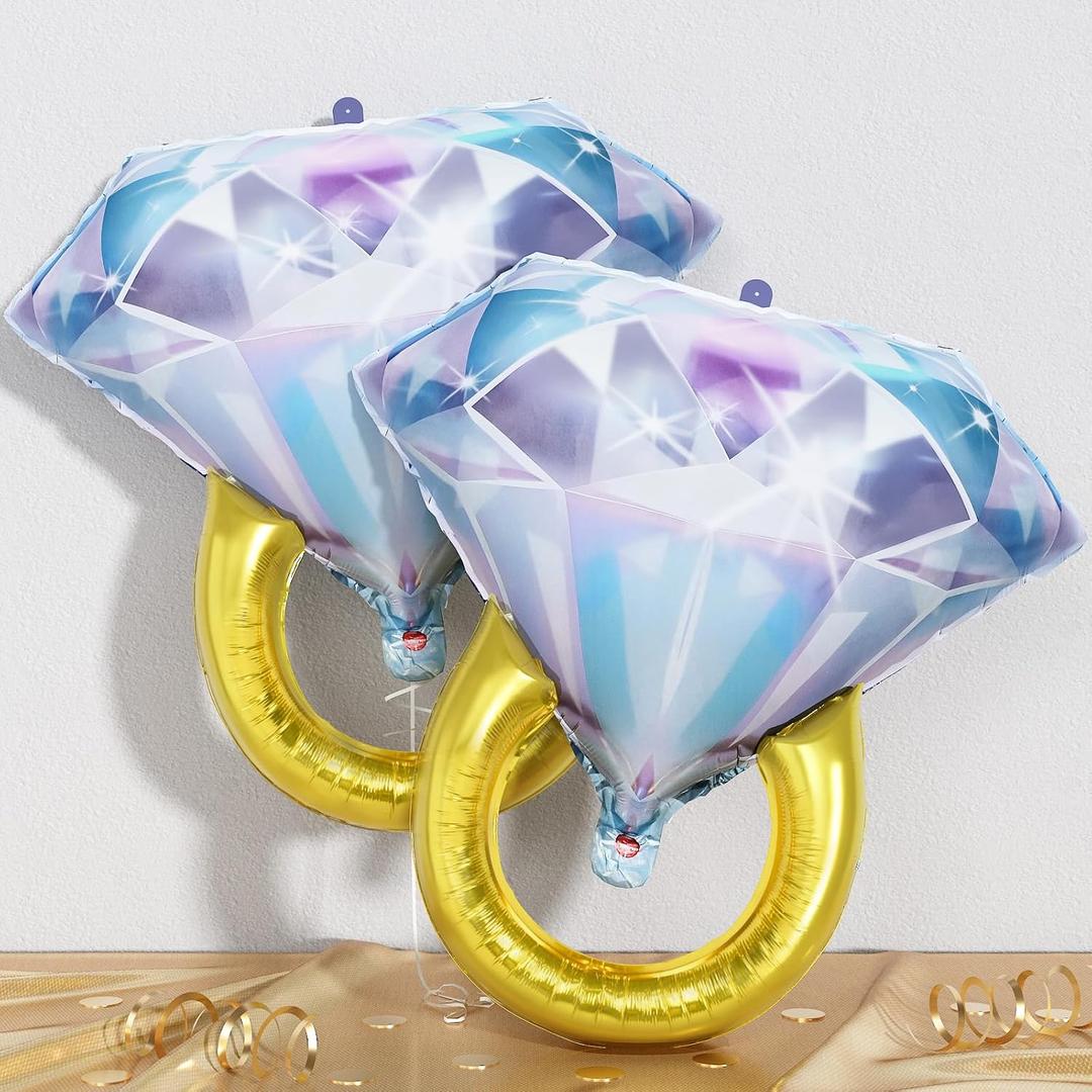 3 x Diamond Ring Foil Balloons 2pcs, Mylar Engagement Ring Balloons for Engagement Bachelorette Bridal Shower Wedding Proposal Marriage Anniversary Just Engaged Married Party Marry Me Decorations Supplies, 37/25 inch