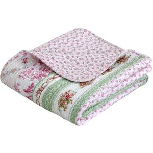 Floral Bloom Garden Vines Stripe Pink Blue Green Quilted Cotton Reversable Throw Blanket, 60"x 50"