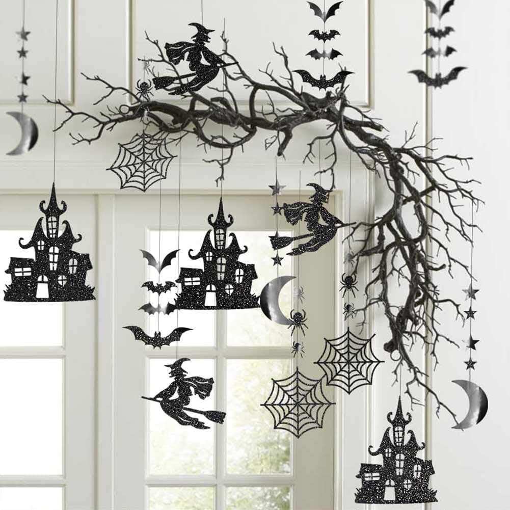Cheerland Halloween Witch Decorations Gothic Hanging Witch Banner Indoor Garland Glitter Black Decor Moon Star Glitter Garland Decoration Haunted House Witchcraft Wall Decor Birthday Party Supplies