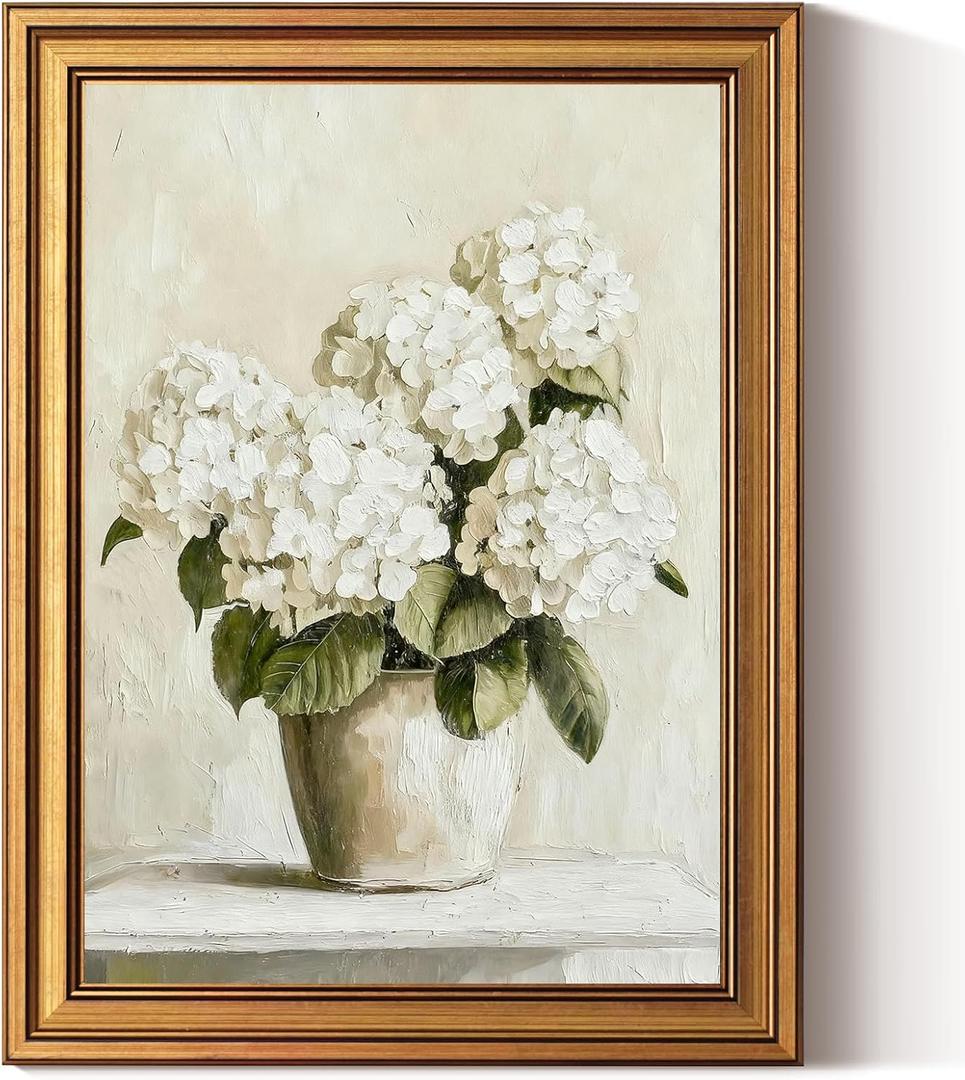 InSimSea Gold Framed Vintage White Hydrangea Wall Art for Living Room, 3D Textured Neutral Potted Plants Oil Paintings Wall Decor Hand Drawn Farmhouse Home Decor for Bedroom Bathroom Dining Shelf 12x16inch