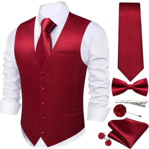 Men's Vest Tie Set Bow Tie Satin V-Neck Solid Colors Suit Waistcoat Cufflinks hanky Formal Wedding Business Tuxedo (Medium, Burnt Orange)