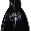 RYXSUN Rhinestone Hoodie Men Women Letter Graphic Gothic Hoodie Print Sweatshirt Full Zip Up Oversized Jacket (Medium, Black1)