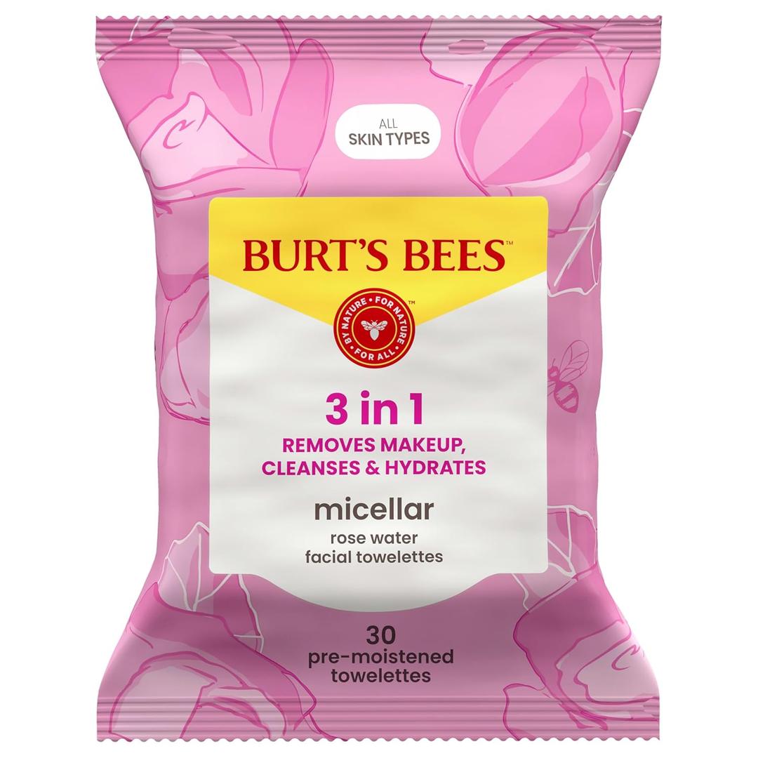 Burts Bees Micellar Rose Water Facial Towelettes, 100% Plant Based Cloth; 99% Natural Origin; Remove Makeup, Cleanse, Hydrate; No Greasy, Oily Residue; All Skin Types (Pack May Vary)