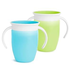 Munchkin Miracle 360 Sippy Cup for 6 Month Old, Spill Proof Baby and Toddler Cups with Transition Handles, 7 Ounce, 2 Pack, Blue/ Green