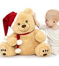 MorisMos Teddy Bear Stuffed Animal Plush Toy, 16in Santa Teddy Bear, Soft & Cuddly Bear Gift for Girl Boy Kid, Brown Holiday Decoration for Room Birthday Party Favors