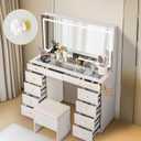 Pamapic Glass Top Vanity Desk with Crystal Handles, 11 Drawers Makeup Vanity with Mirror and Stool, 3 Lighting Modes Dressing Table, Power Outlet, Silent Slides, White (46"*15.7"*56.1")