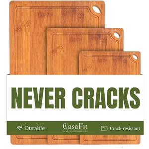 3-Piece Organic Bamboo Cutting Board Set for Kitchen - Carbonized Extra Sturdy Chopping Boards with Juice Grooves - Knife-Friendly Multi-Size (15", 12", 9") for Meat & Veggies - Housewarming Gift Box (Brown)