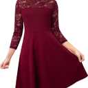 Kilottor Girl's Dress Elegant Floral Lace 3/ 4 Sleeve Wedding Party A Line Dress (Burgundy, 11-12 Years)