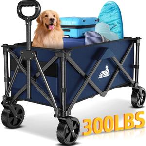 Collapsible Wagon Cart Foldable with 300lbs Load-Bearing, Heavy Duty Folding Wagons Carts with All Terrain Wheels, Utility Beach Wagon for Outdoor Garden, Camping Shopping Sports,U-2 Blue