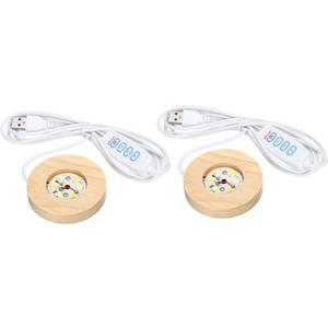 PATIKIL Wooden LED Light Base Stand, 2 Packs Round Wooden 4.72" Dia 3-Colored Light Dimmable Display Pedestals for Crystal Glass Art Decorations, Wood Color