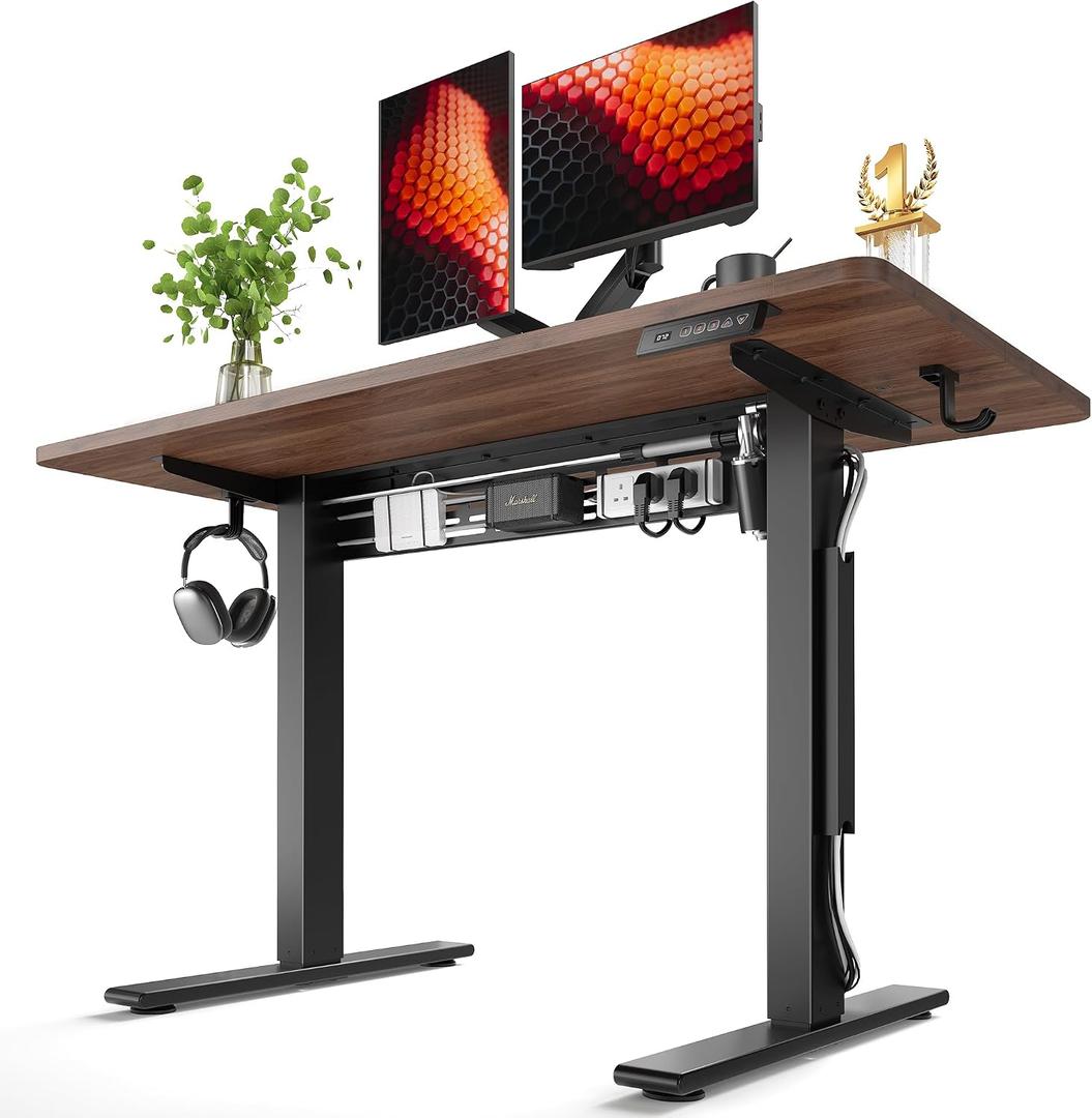 FEZIBO Electric Standing Desk with L-Shaped Crossbar & Cable Management System, 48 x 24 Inches Sit Stand up Desk, Adjustable Height Standing Desk for Home Office, Black Walnut