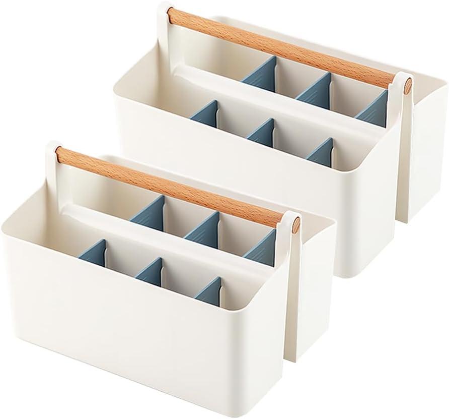 2 Pack Art Caddy Organizer Portable,Marker Box, Large Pen Holder for Desk, Art Supply Storage Bin with Adjustable Dividers for Colored Pencils,Markers,Craft Organizers (Blue Divider)