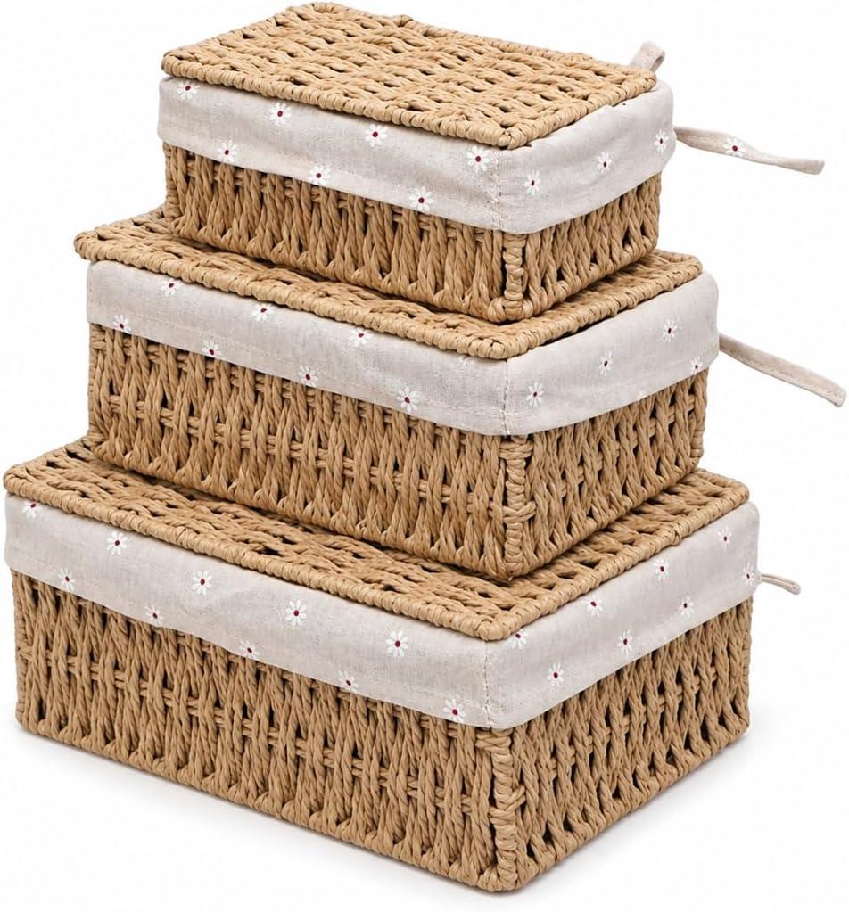 Storage Baskets with Lids, Set of 3 Wicker Baskets with Lids, Khaki Paper Rope Woven Storage Boxes with Removable Liners, Stackable Shelf Bins for Bathroom, Closet, Nursery