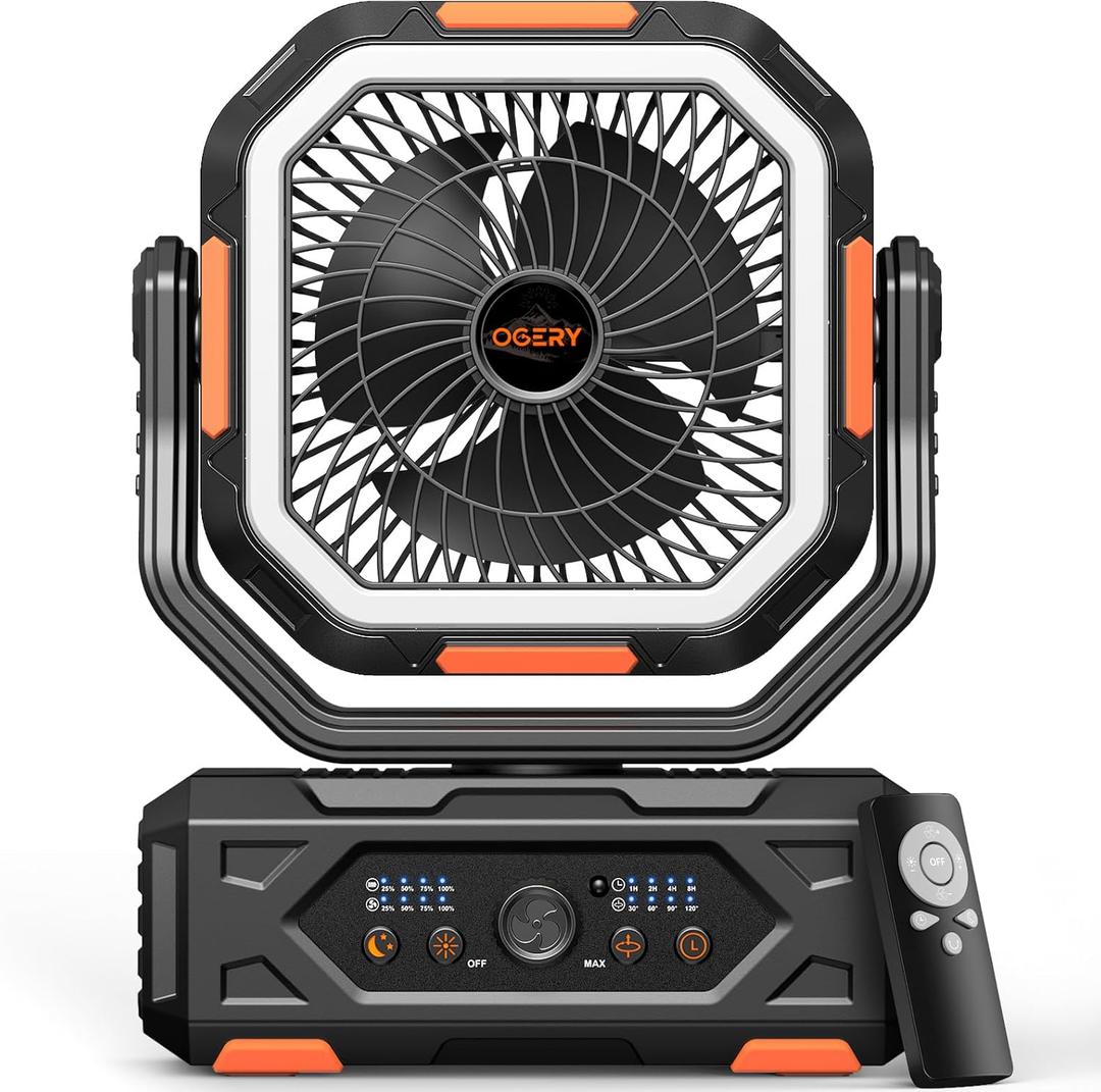 OGERY 2025 Upgraded Camping Fan, Portable Rechargeable Fan with 20000mAh Battery Powered, Stronger Wind, Stepless Speed Regulation, Fast Charging for Tent, Travel, Car, Outdoor Camping Essentials (Black&Orange)