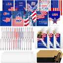 Qeeenar 200 Pcs 4th of July Party Favors Gift Bulk Sets Include American Flag Notebooks Red White Blue Ballpoint Pens Freedom Tags Organza Bags for Memorial Day Independence Day Office Party Supplies
