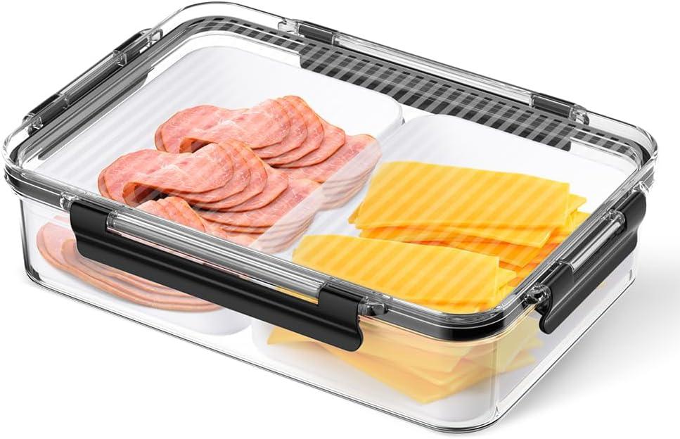 Deli Meat Container for Fridge Organizers and Storage, Ham and Cheese Container for Fridge, 11 Inches Long Lunch Meat Container for Refrigerator, 2 Compartment Snack Containers with Clear Lid