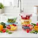 1.5 Cup Round Glass Food Container with Lids and Folding spoon, Small Round Glass Storage Container, 12oz Food Bowls with Spoons for Lunch Office, Oven, Freezer, Dishwasher Safe (4Pack)