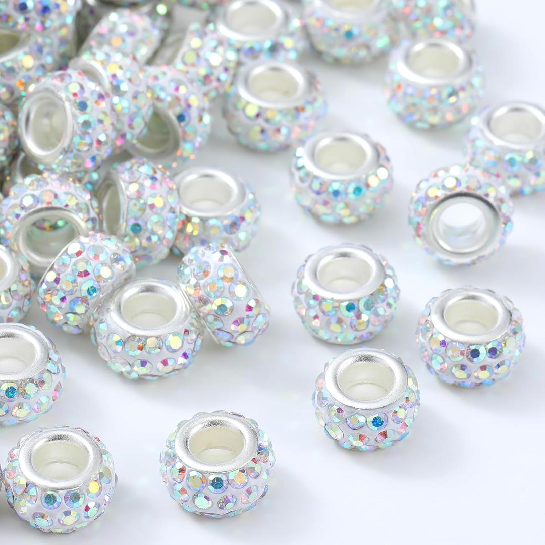 100 Pcs Rhinestone European Beads Crystal Large Hole Charm Spacer Beads for DIY Bracelet Necklace Earring Crafts Jewelry Making (AB)