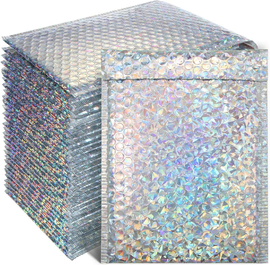 Outus 30 Pcs 7 x 11 Inch Holographic Bubble Mailers Waterproof Padded Shipping Envelopes Cute Bubble Padded Self Sealing Cushion Envelopes for Mailing Shipping Packing