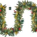 9 Ft Christmas Garland with Lights - Realistic Snow Prelit Christmas Garland with Pine Cones Red Berries Xmas Garland with Timer for Fireplace Railing Door Christmas Decor (Battery NOT Included)