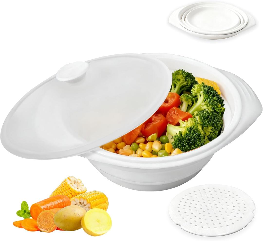 Large White Vegetable Steamer Microwave, Collapsible Microwave Veggie Steamer With Lid, Space-Saving Design, Freezer & Dishwasher Safe, 100% Food Grade Silicone For Cooking Veggies, Dumplings, 44oz