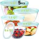 YUANYE 5 Pack Glass Mixing Bowls with Lids Set (5/2.5/1.5/0.9/0.6QT), Thick Glass Large Salad Bowl Set, Nesting Kitchen Bowls for Serving, Prepping, Cooking and Baking, Dishwasher,Oven,Microwave Safe