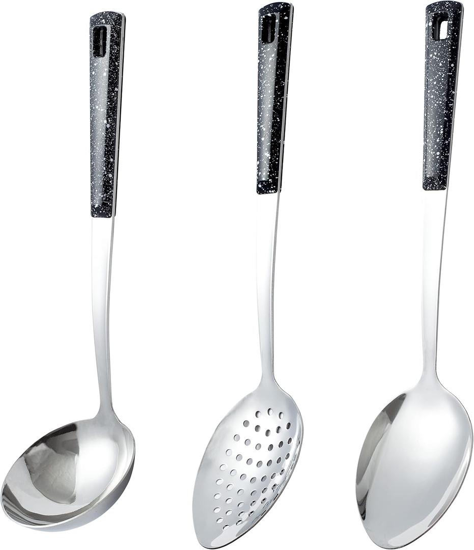 3-Piece, Stainless Steel Serving Spoons Set with Slotted Spoon, Serving Spoon and Perforated Spoons, Soup Ladle,Kitchen Cooking Utensils Set