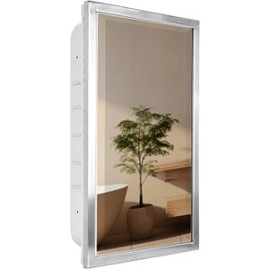 Head West Brushed Nickel Recessed Medicine Cabinet with Beveled Mirror, Bathroom Wall Mount Storage Organizer with Glass Shelves - 16" x 26"