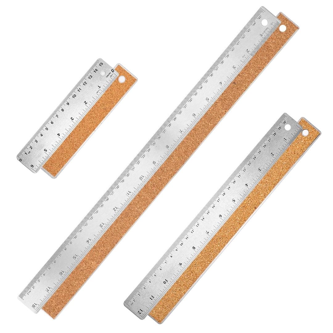 Metal Ruler with Cork Backing 6+12+18 Inch Stainless Steel Metal Ruler Non-Slip Rulers with Inch and Centimeters Straight Edge Cork Base Rulers for Drafting Office Tools, Prevent Ink Leakage (15cm+30cm+45cm)